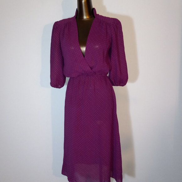 vintage 1970s-1980s v-neck mandarin collar, wrap-style chiffon dress - Picture 1 of 16